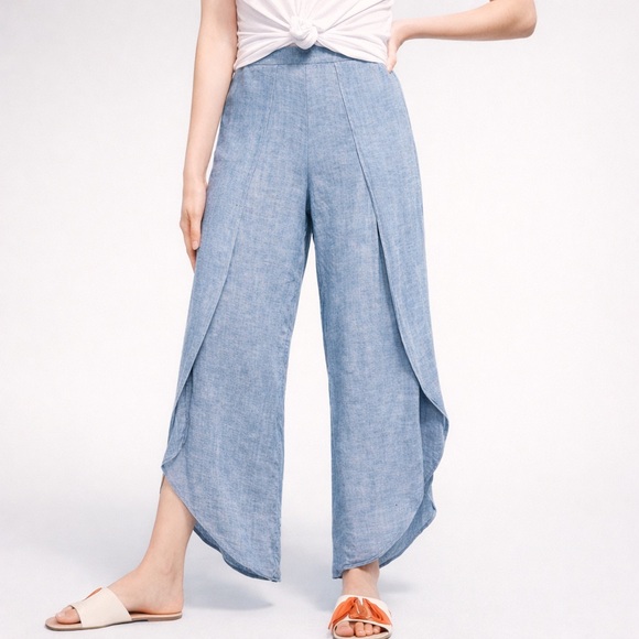 DREW Pants - DREW Whitney Tulip Linen Pants Slit Wide Leg Festival Blue Size Petite Small SP